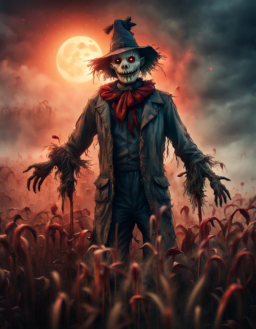 Creepy Bloody Scarecrow in Foggy Crop Field