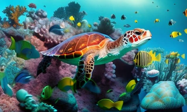 Sea Turtle Swimming in Coral Reef: Underwater Photography