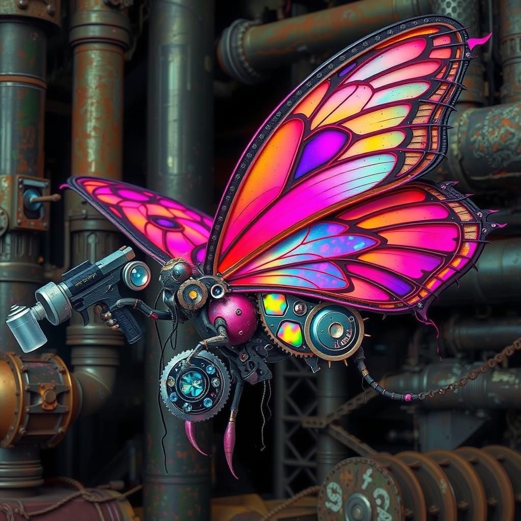 Mechanical Butterfly Marks Territory in Steampunk Cityscape