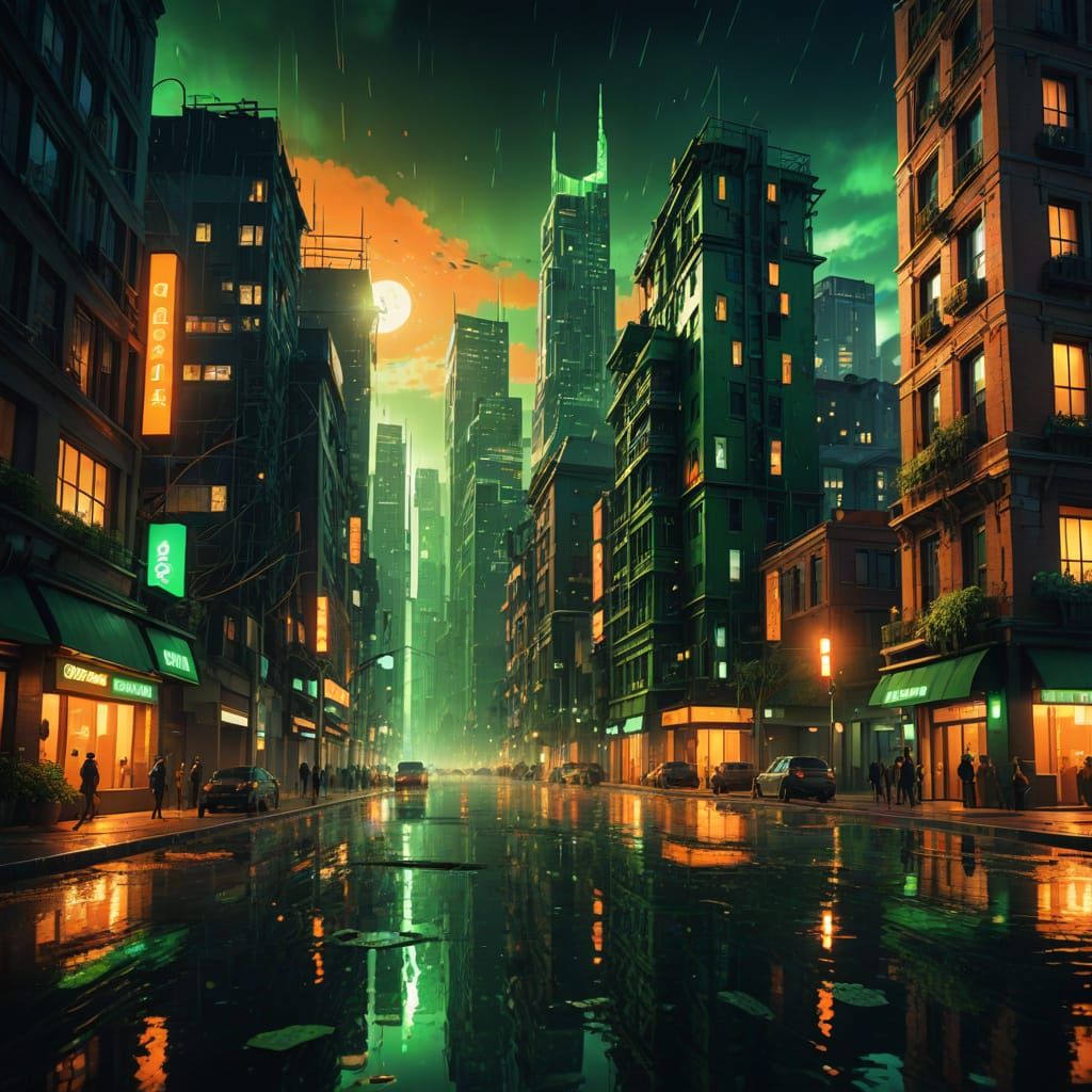 City Shines in Green and Orange Light
