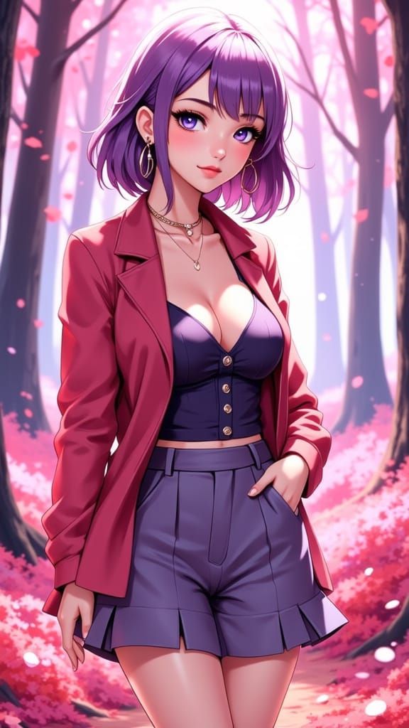 Anime Woman in Pink Forest, Detailed Illustration