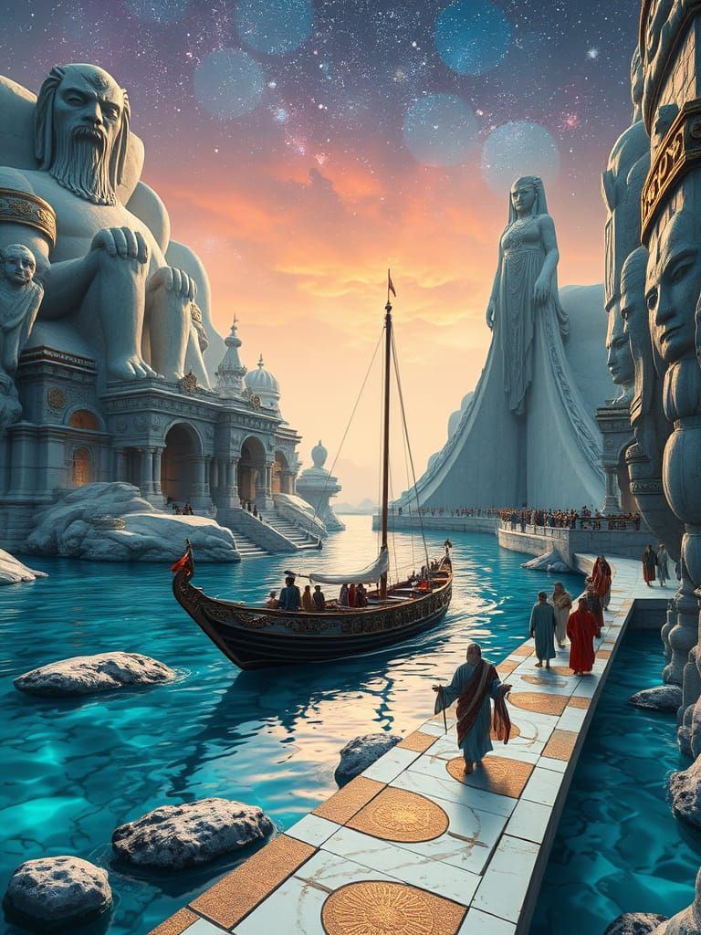 Ethereal Lemurian Village with Fantasy Boat