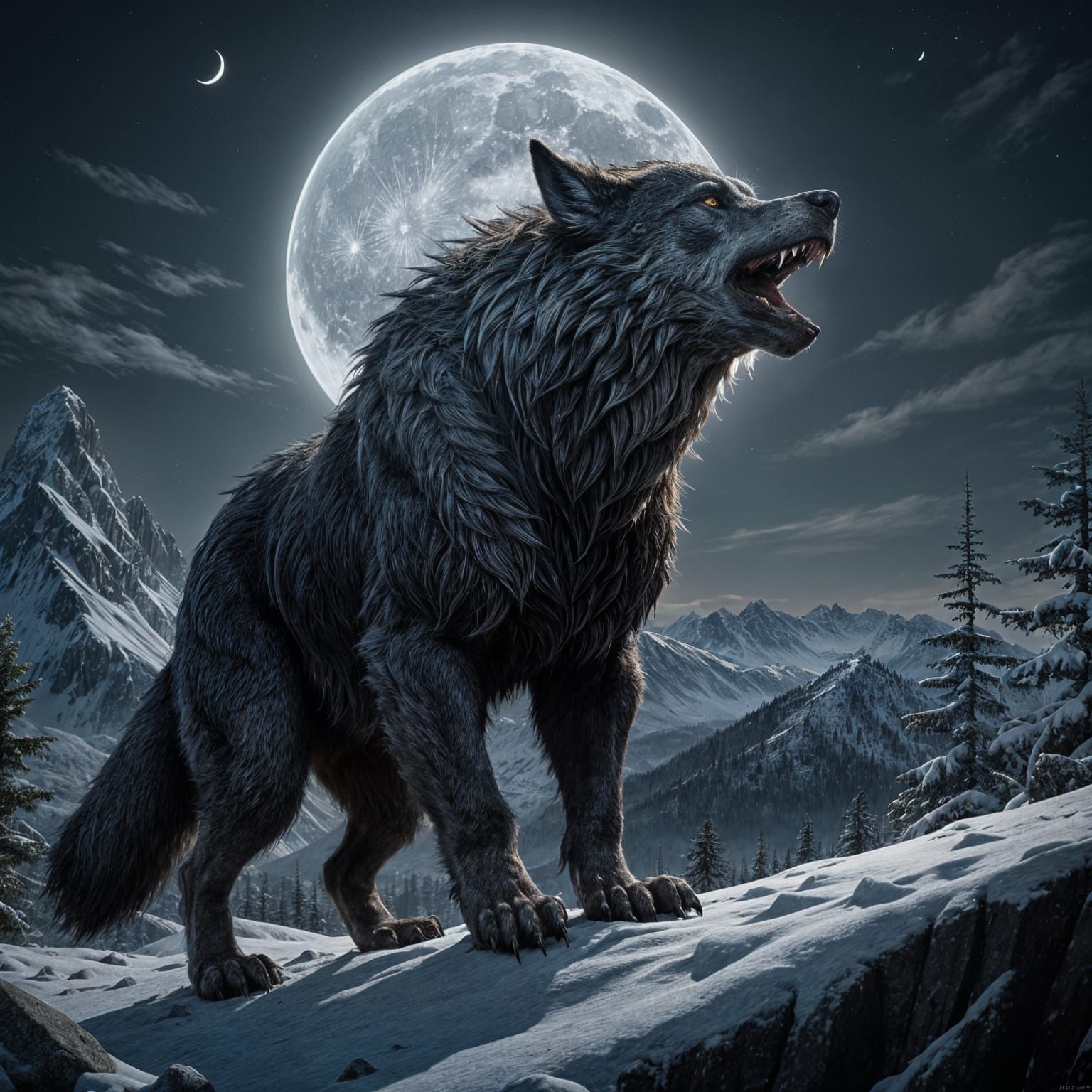 Werewolf Howling at Moon: Dark Fantasy Art