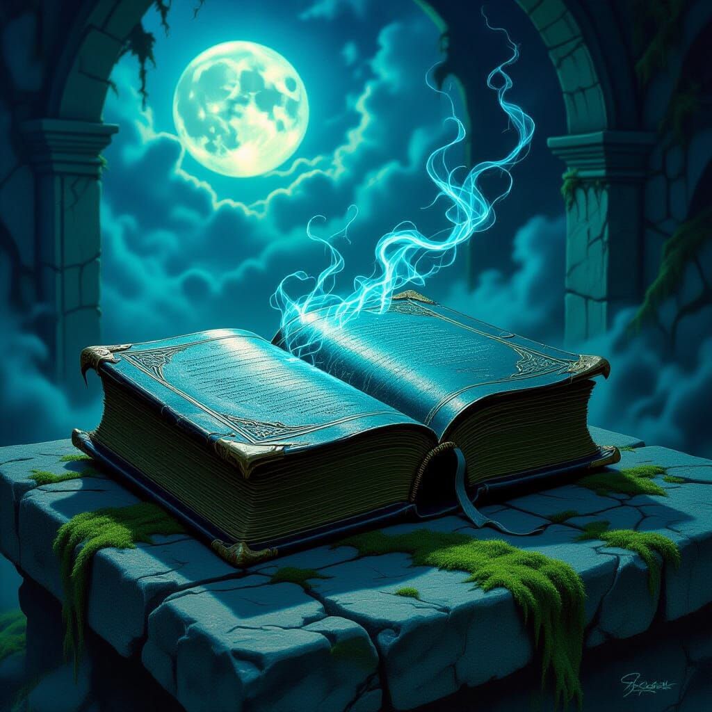 Ancient Tome on Altar in Moonlight Oil Painting