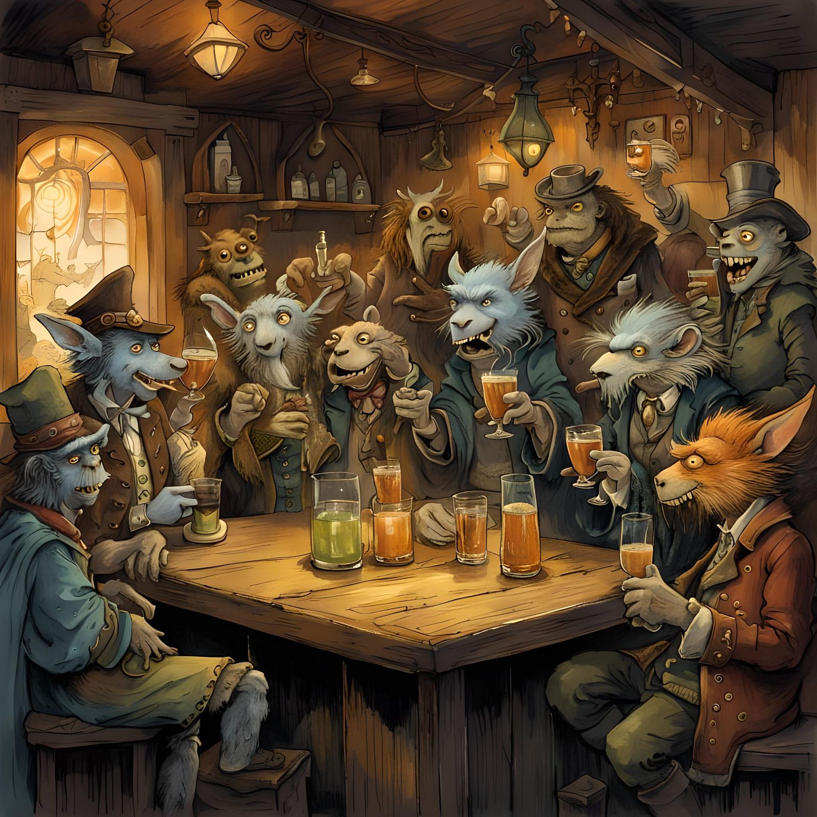 Fantasy Creatures Share Goodbye Toast in Tavern