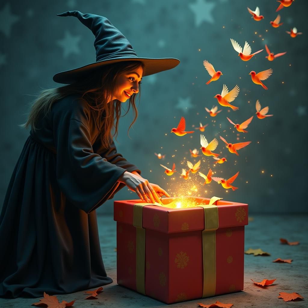 Whimsical Witch Opening a Gift Box with Birds