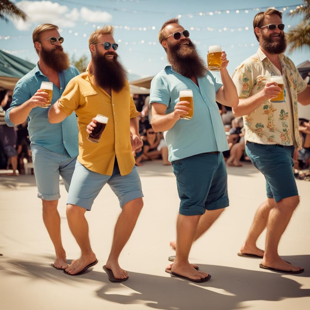 Bearded Men Dancing in Flip Flops with Beers