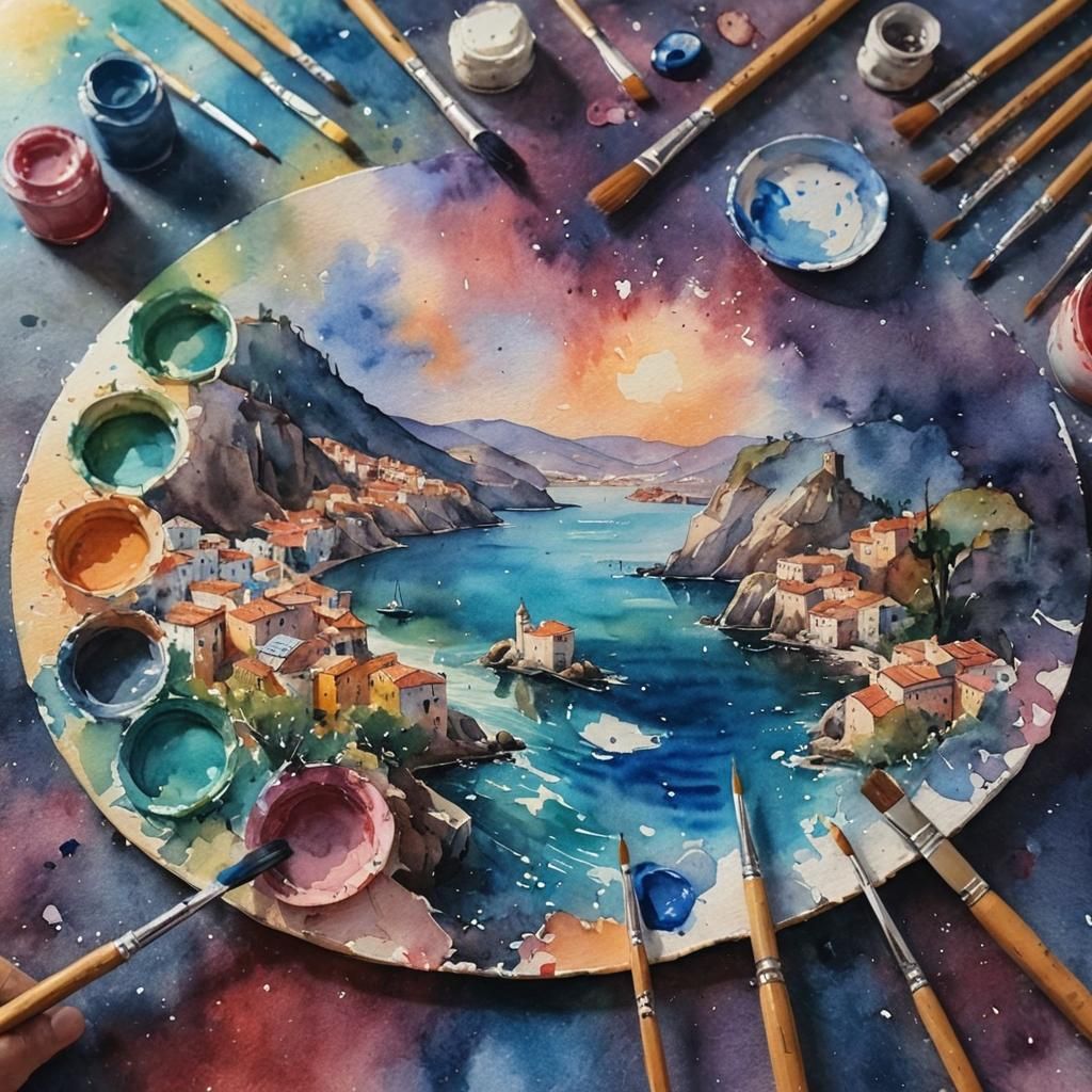 Scenic Spanish Village in Watercolor Style