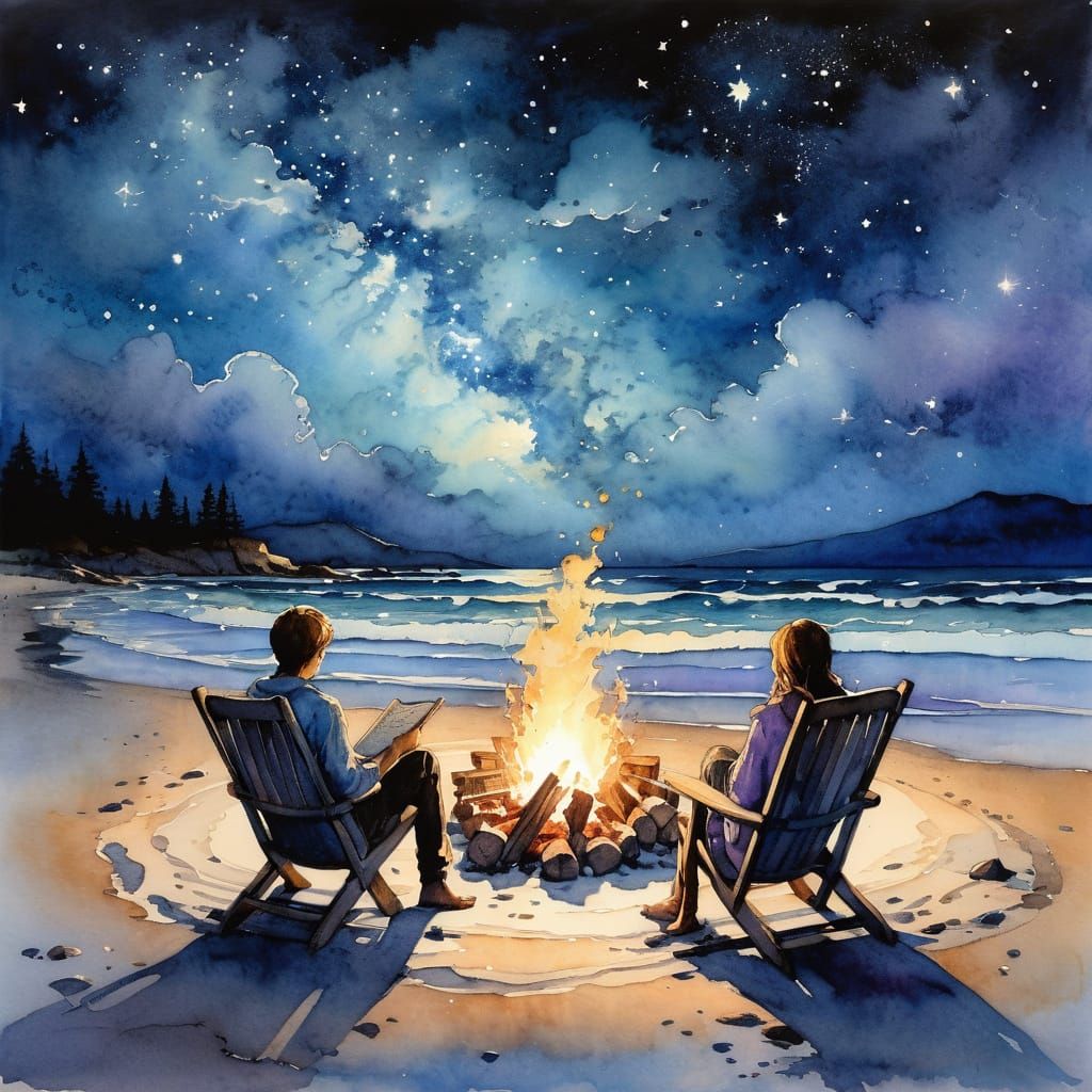 A glowing bonfire on a quiet beach at night, painted in soft watercolor style. Warm golden and amber tones from the fire...
