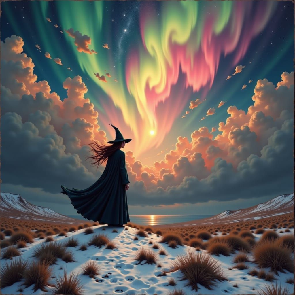 Gothic Witch on Windswept Moor Under Aurora Sky