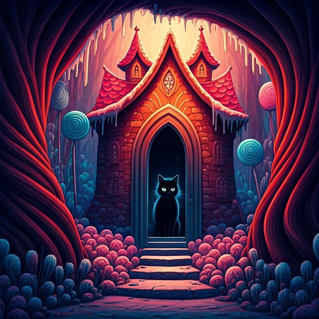 Black Cat in Candyland Haunted House Digital Illustration