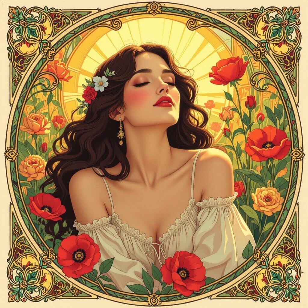 Woman Basking in Sunlight Amidst Flowers, Whimsical Art Styl...