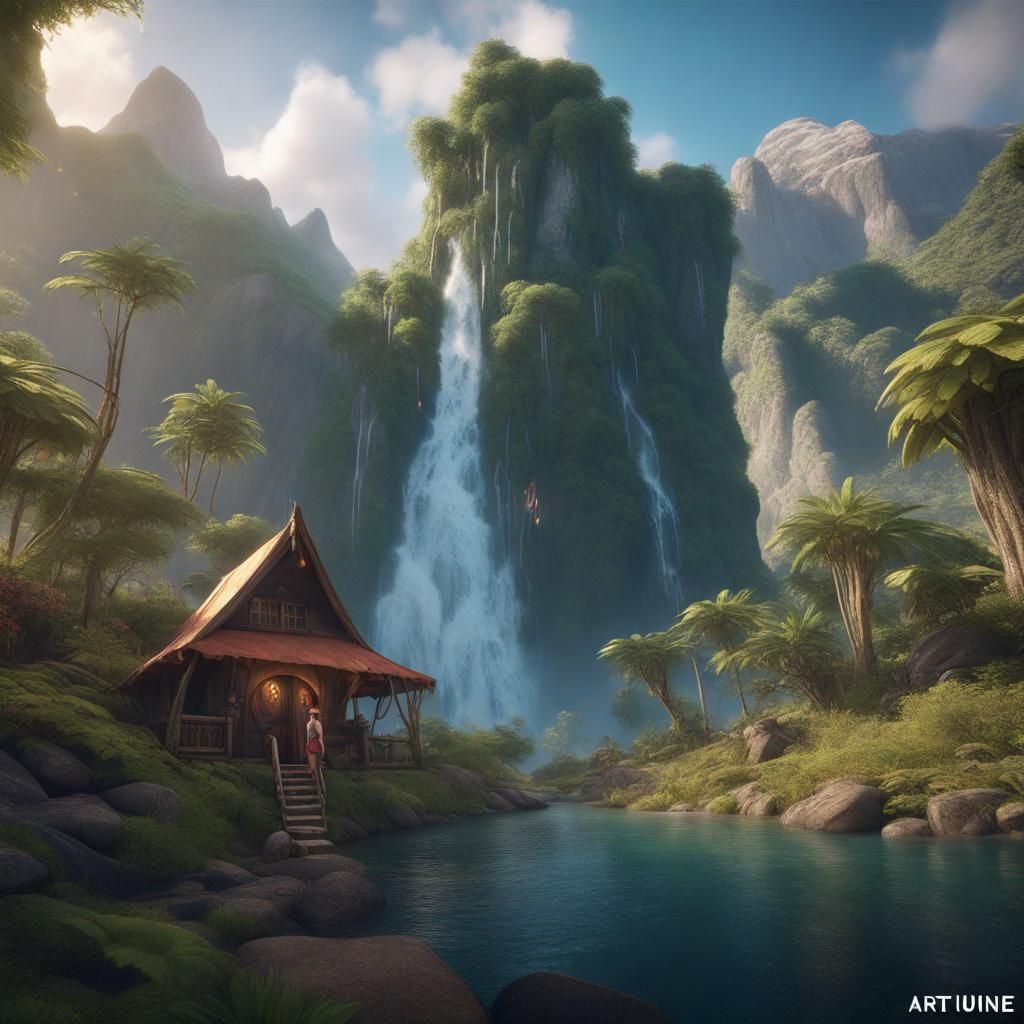 Paradise: Solitary Hiker at Mountain Waterfall