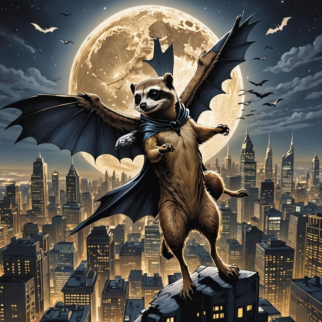 Dynamic Comic Art: Meerkat Batman Soaring Over City