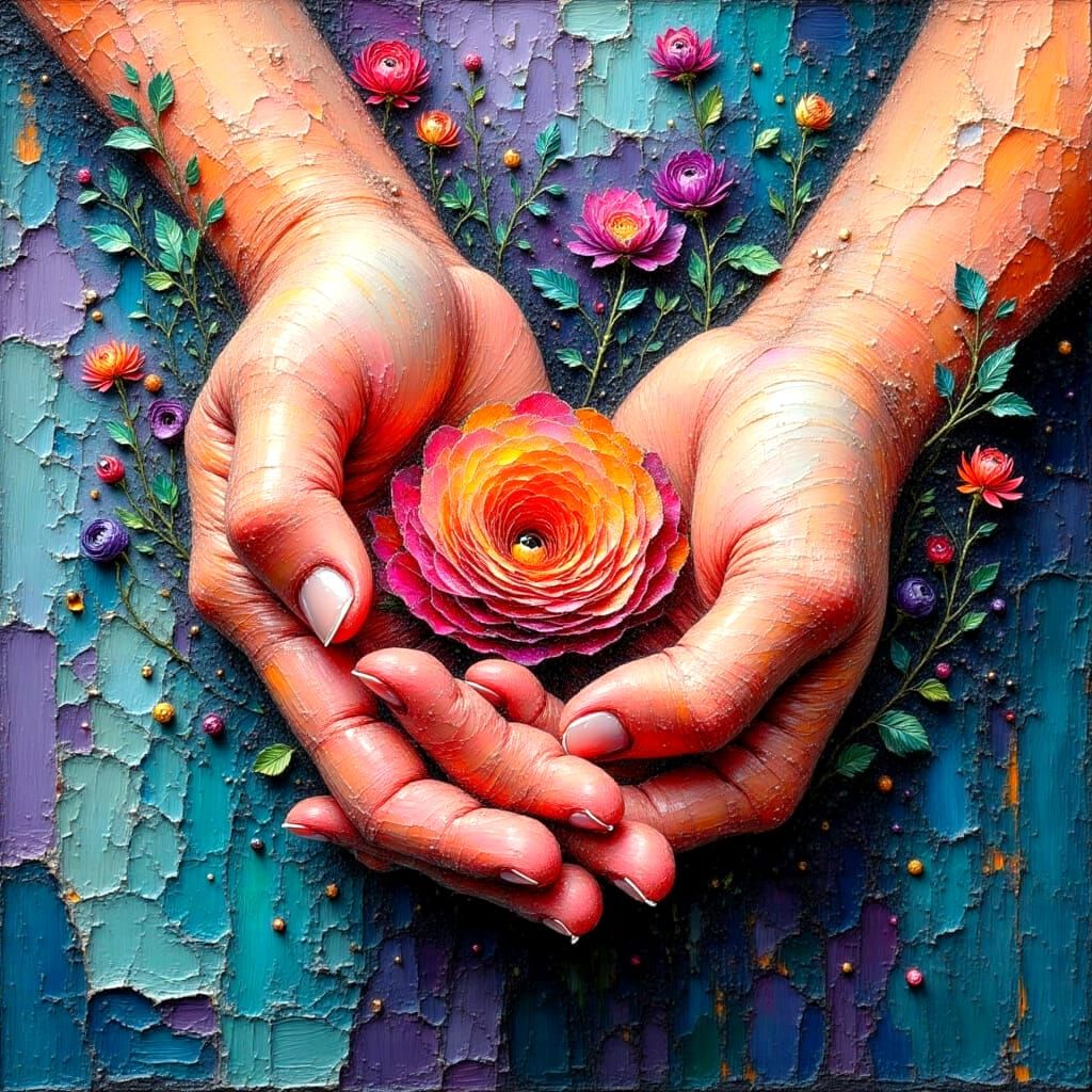 Impasto Painting of Interlocking Hands in Oil