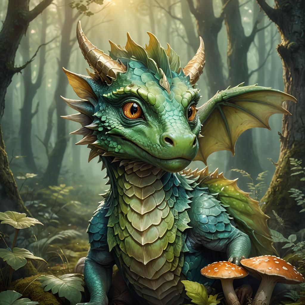 Cute Green Dragon in Misty Forest Illustration