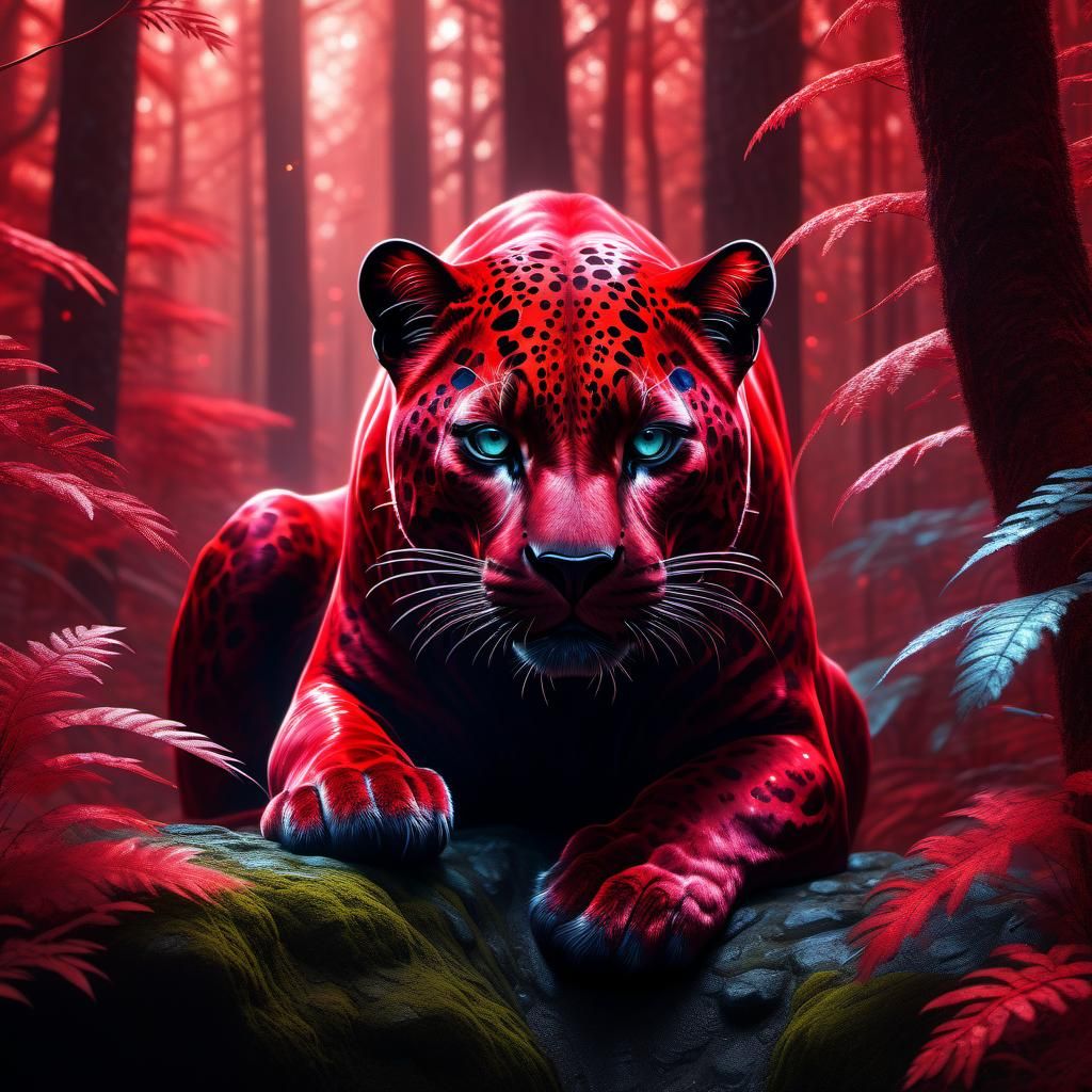 Glowing Red Glitter Panther in Red Forest