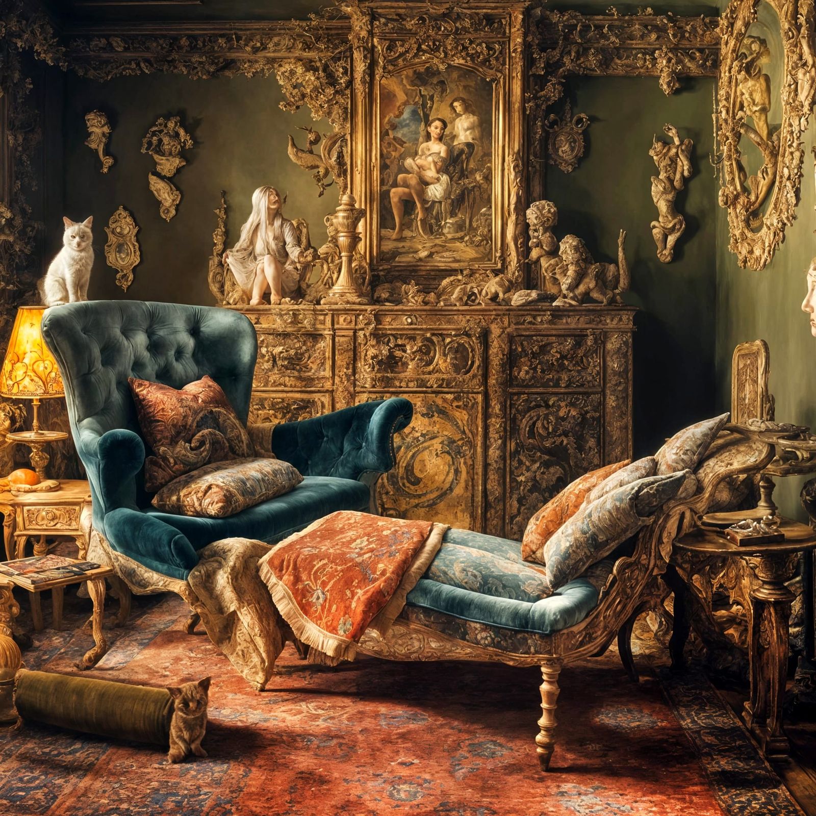 Cats Play on Antique Furniture in Dreamlike Lighting