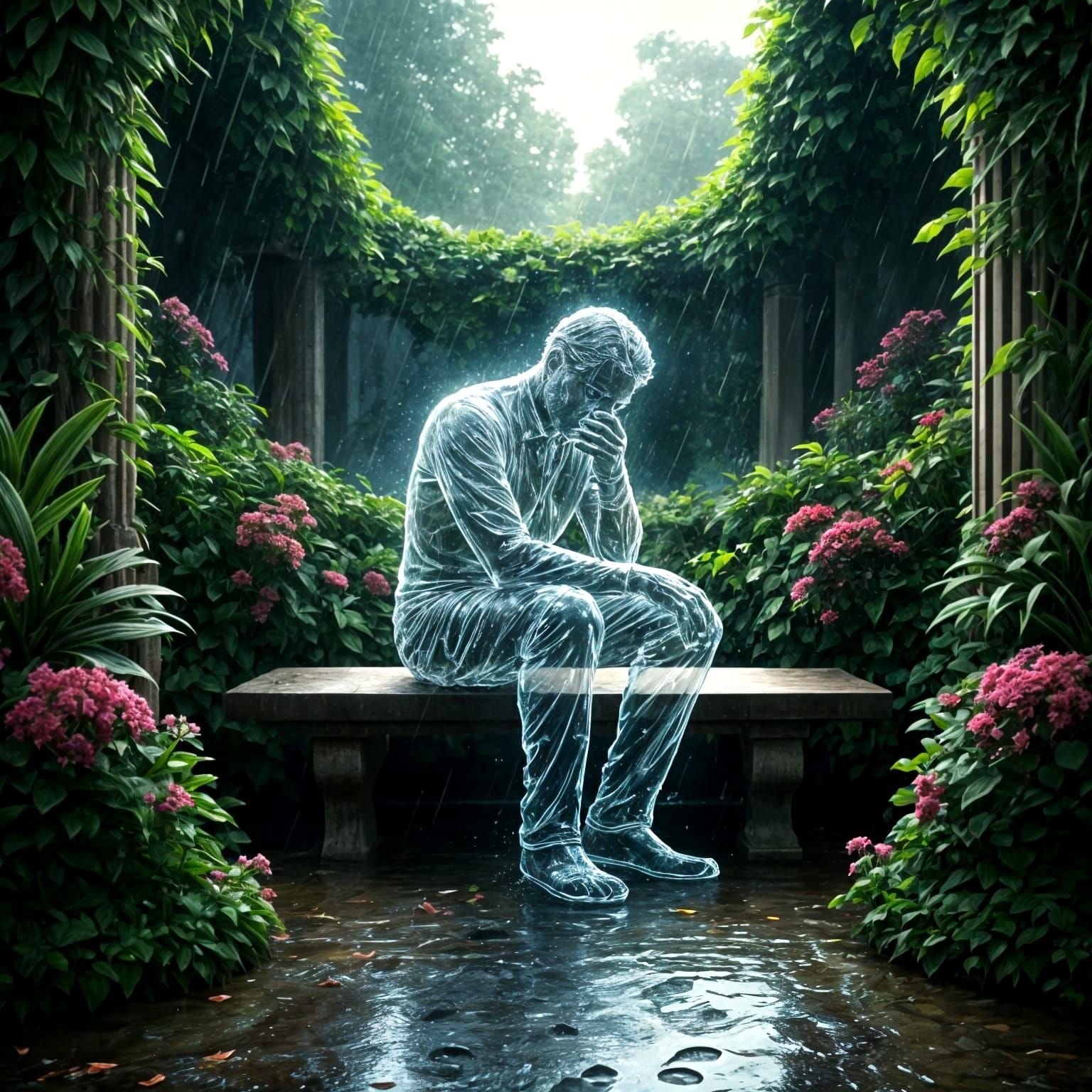 Water Man Weeping in Lush Garden, Photorealistic