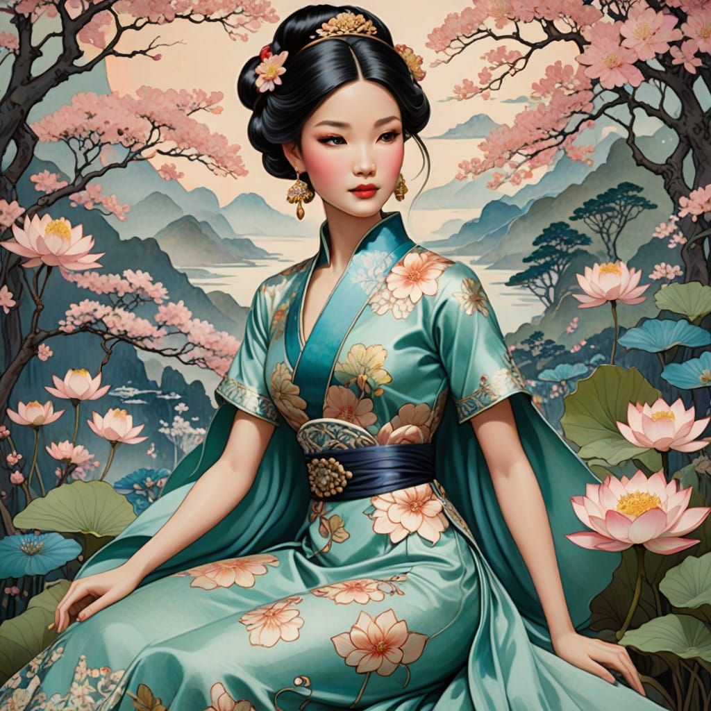 Serene Asian-Inspired Barbie in Whimsical Lotus Garden