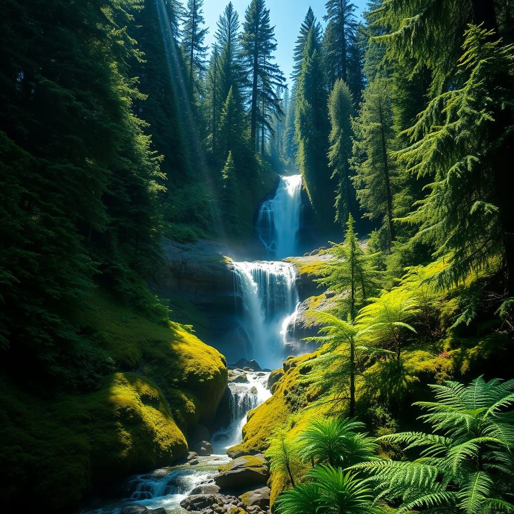 Majestic Oregon Waterfall in Emerald Forest, Hyperrealistic ...