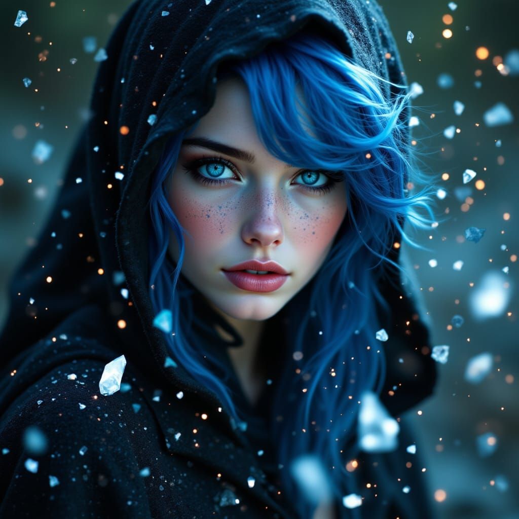Woman with Blue Hair and Fiery Motes in Dark Hood
