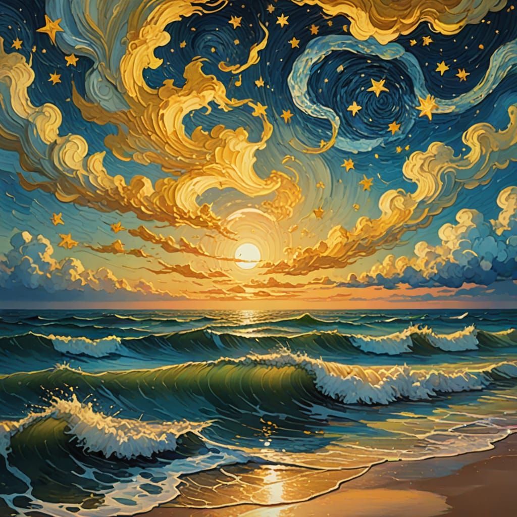 Ocean Starry Night in Van Gogh Style