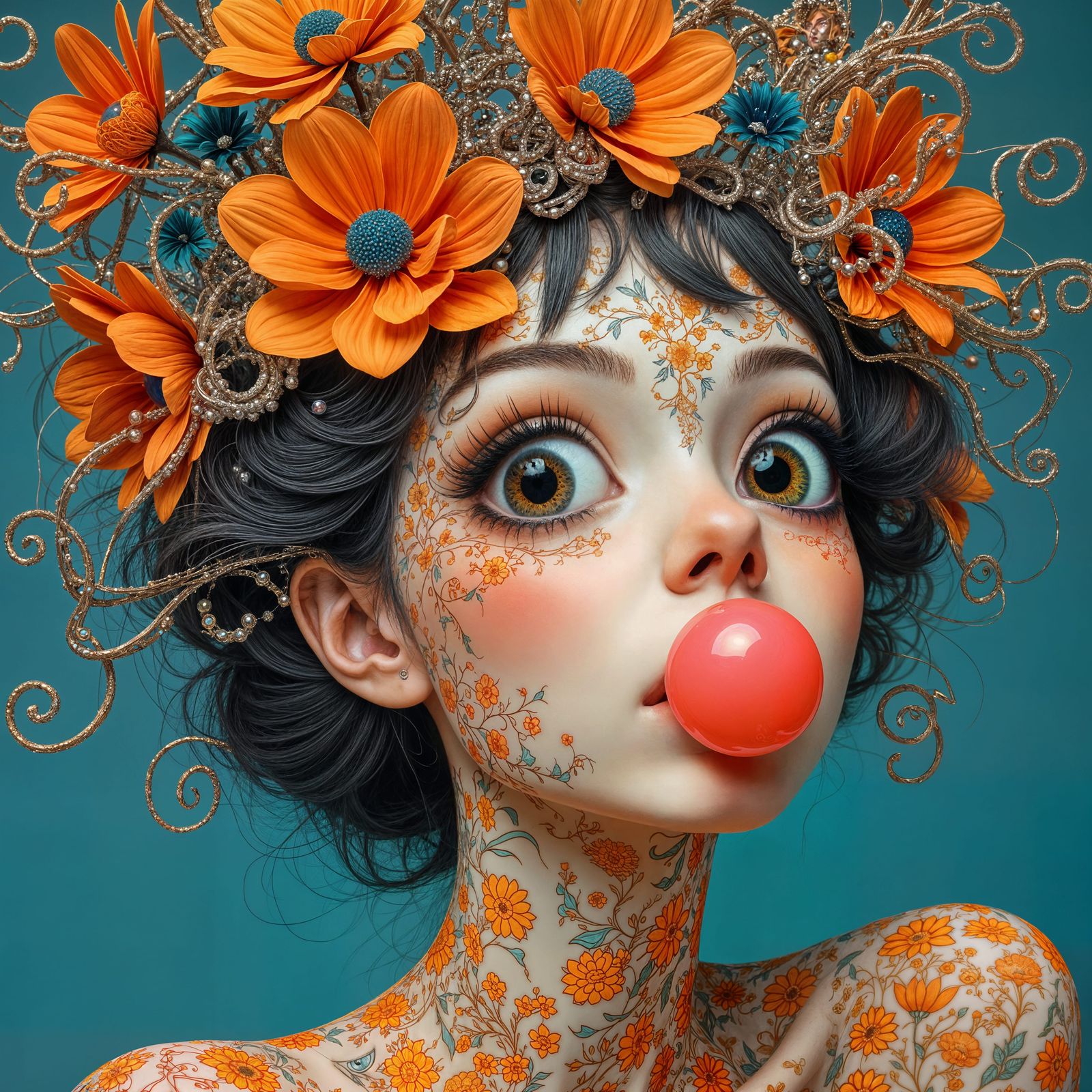 A 2050-style woman with oversized eyes and a chunk of bubble...