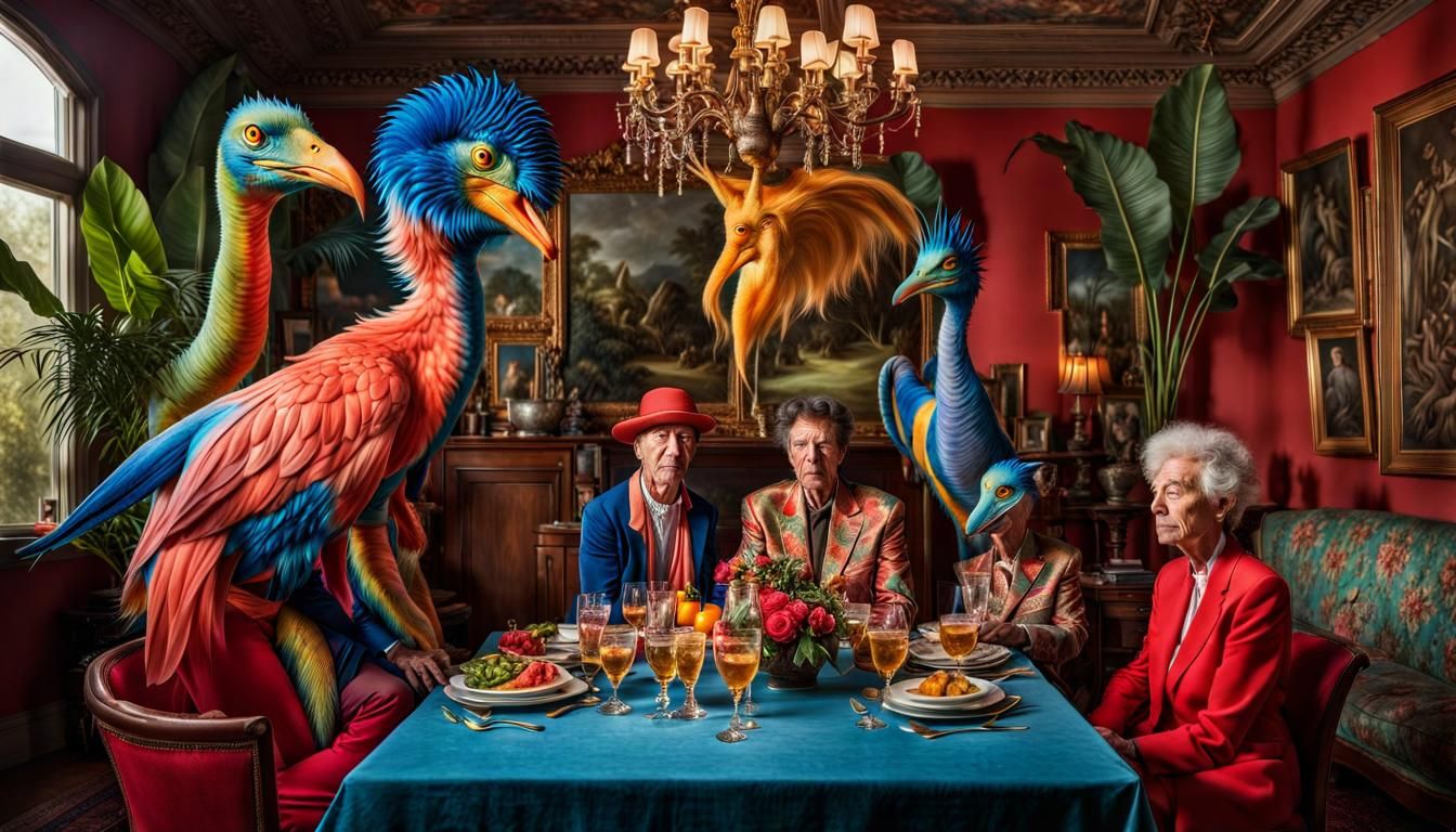 Exotic Party with Surreal Creatures, Photorealistic Style