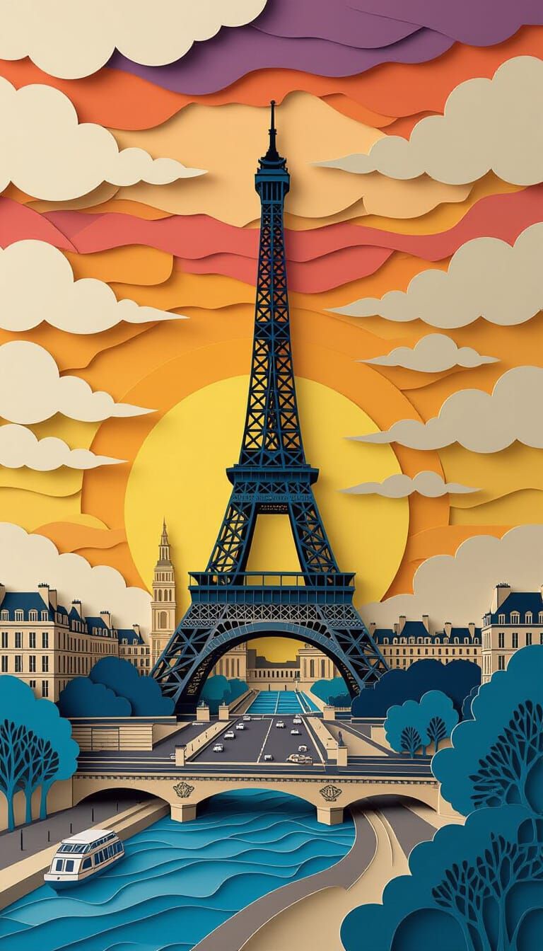 Detailed Papercut Paris Sunset with Eiffel Tower