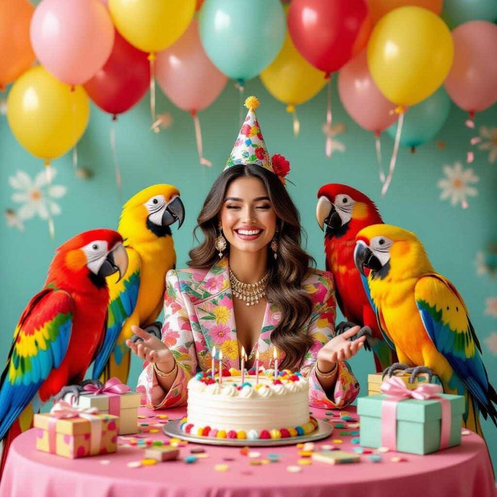 Birthday Celebration with Vibrant Parrots in Photorealistic ...