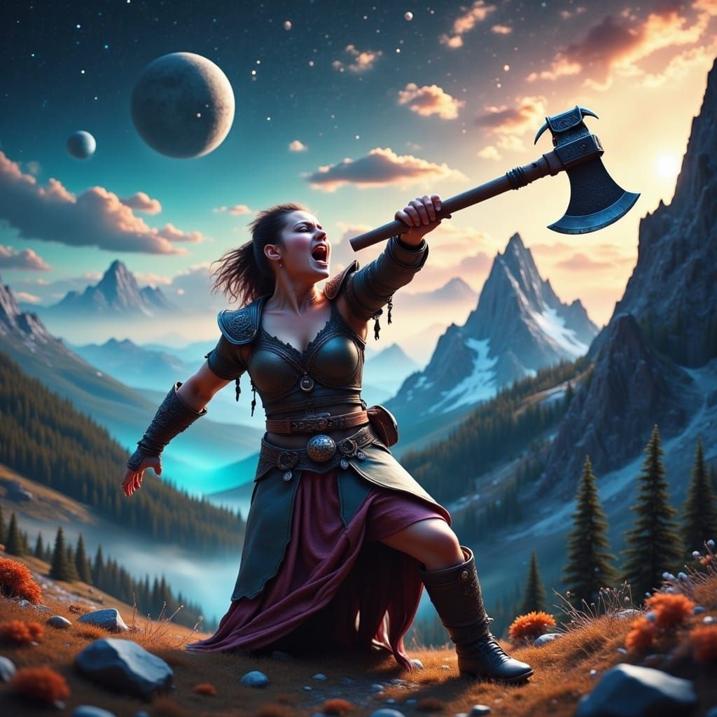 Viking Warrior Woman Screams Against Misty Nordic Mountains