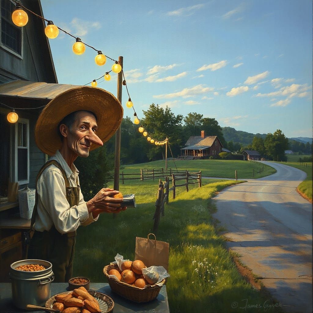 Farmer Sells Shark from Rustic Farmstand in Oil Painting Sty...