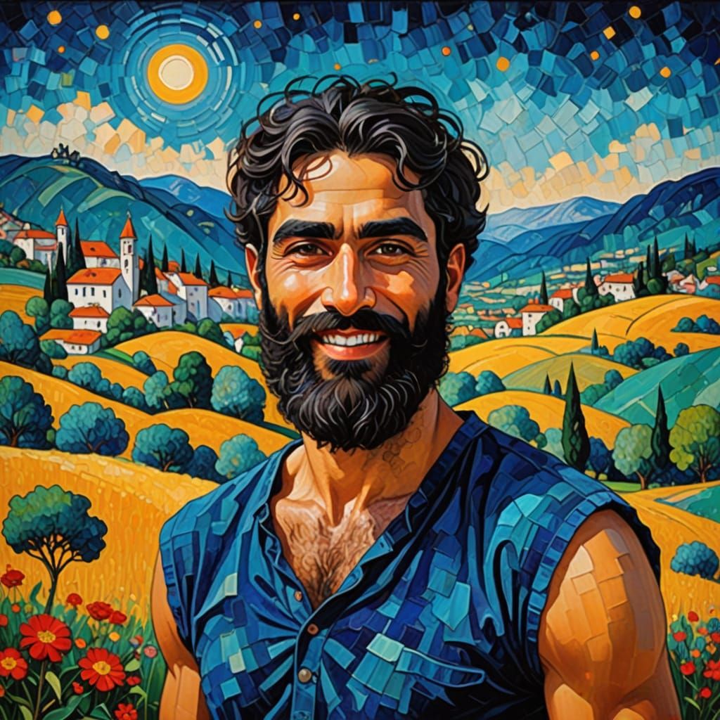 Gustav Klimt-Inspired Gentleman in Vibrant Summer Landscape