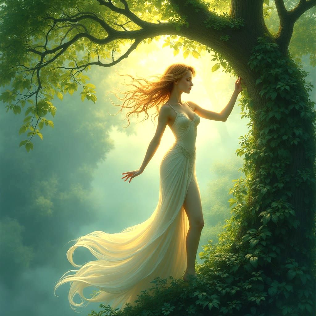 Ethereal Art Nouveau Driade Portrait in Elegant Curves