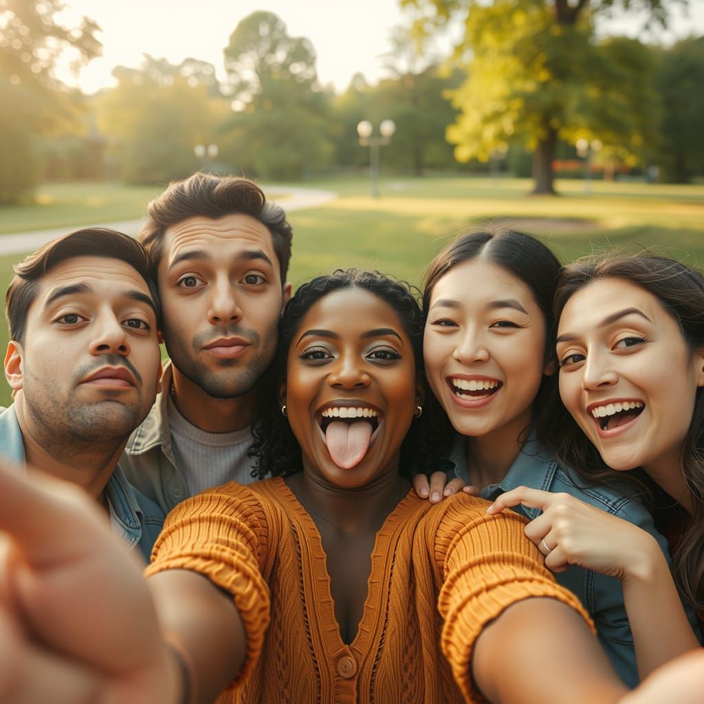 Friends Taking a Silly Selfie in a Park