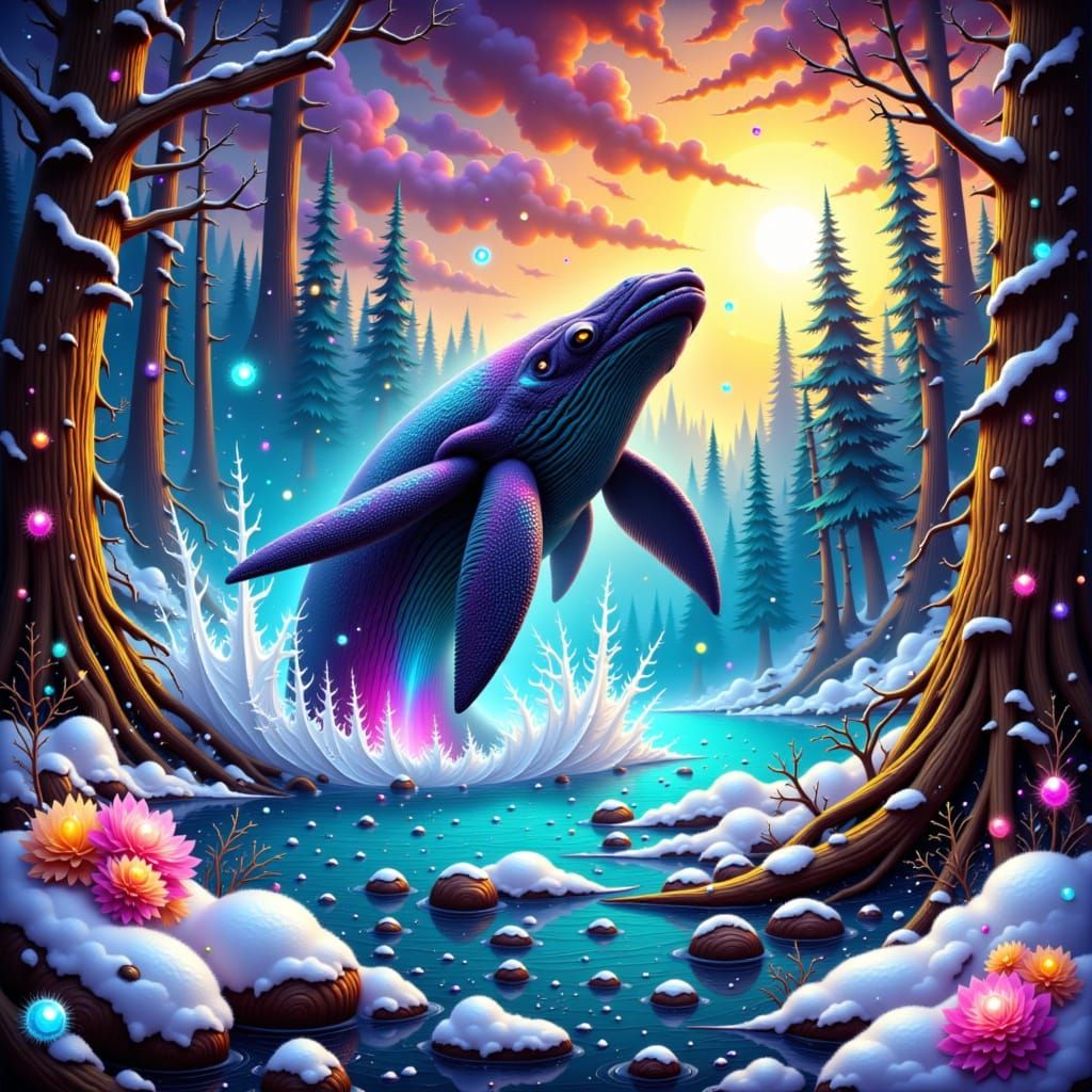 Surreal Bioluminescent Whale Leaps from Crystalline Forest