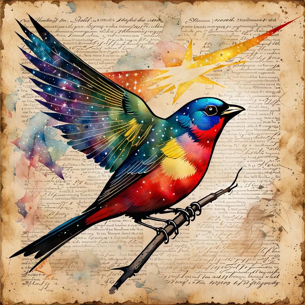 Iridescent Painted Bunting Soaring in Starry Sky