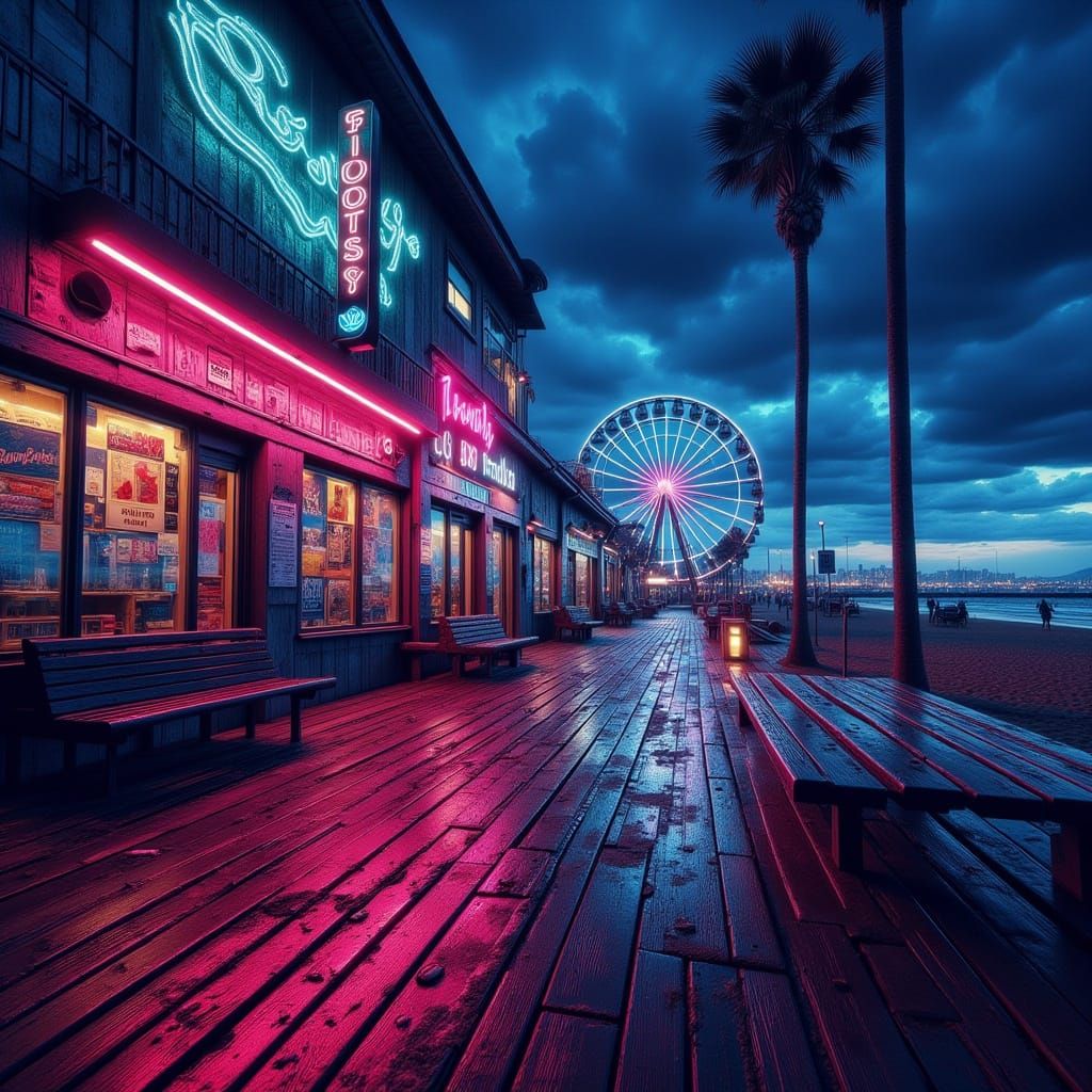 Glowing Boardwalk at Night in Graffiti Art Style