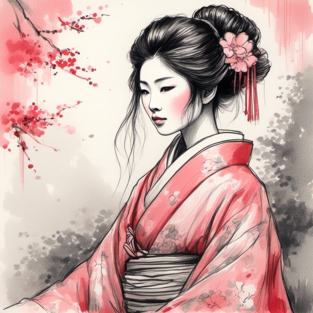 Geisha Portrait in Traditional Japanese Ukiyo-e Style