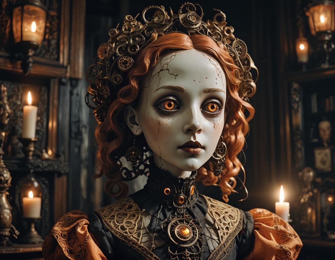 Eerie Surrealist Doll Sculpture in Victorian Room