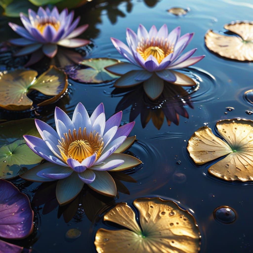 Black and Gold Water Lilies in Vibrant Watercolor Style