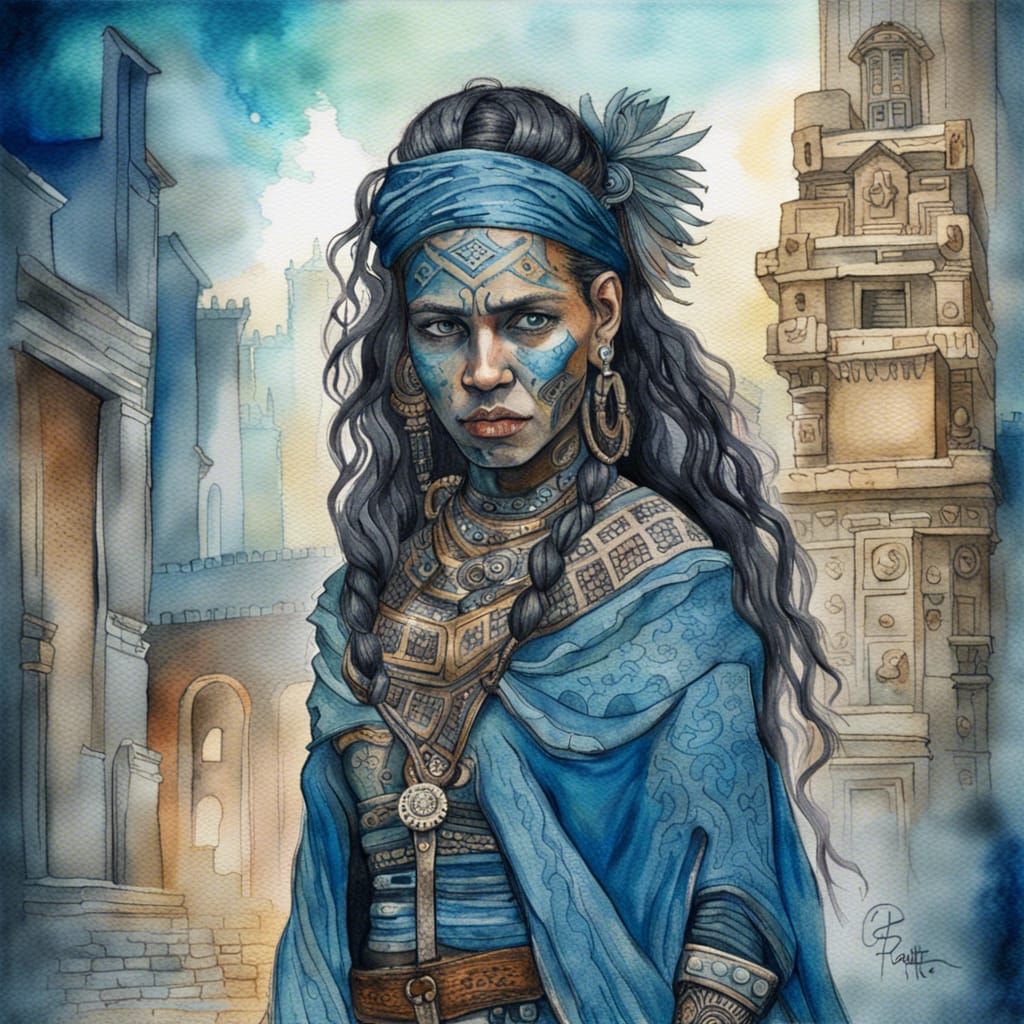 Mayan Female Rogue Portrait as Watercolor Painting