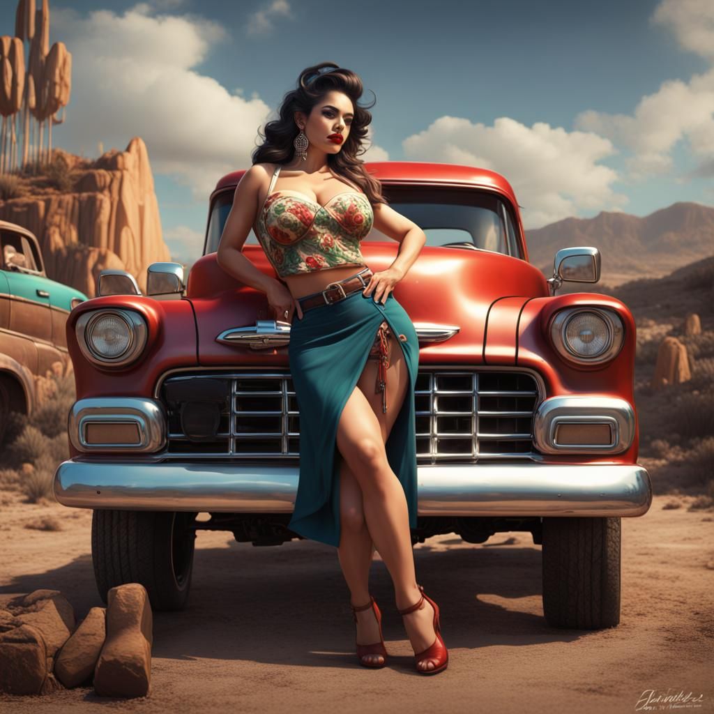 Pinup Girl Leaning on Chevy Truck, Hyperrealistic Art