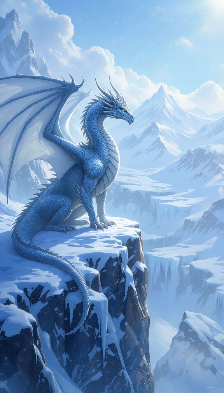 Majestic Ice Dragon Overlooks Winter Realm in Fantasy Art