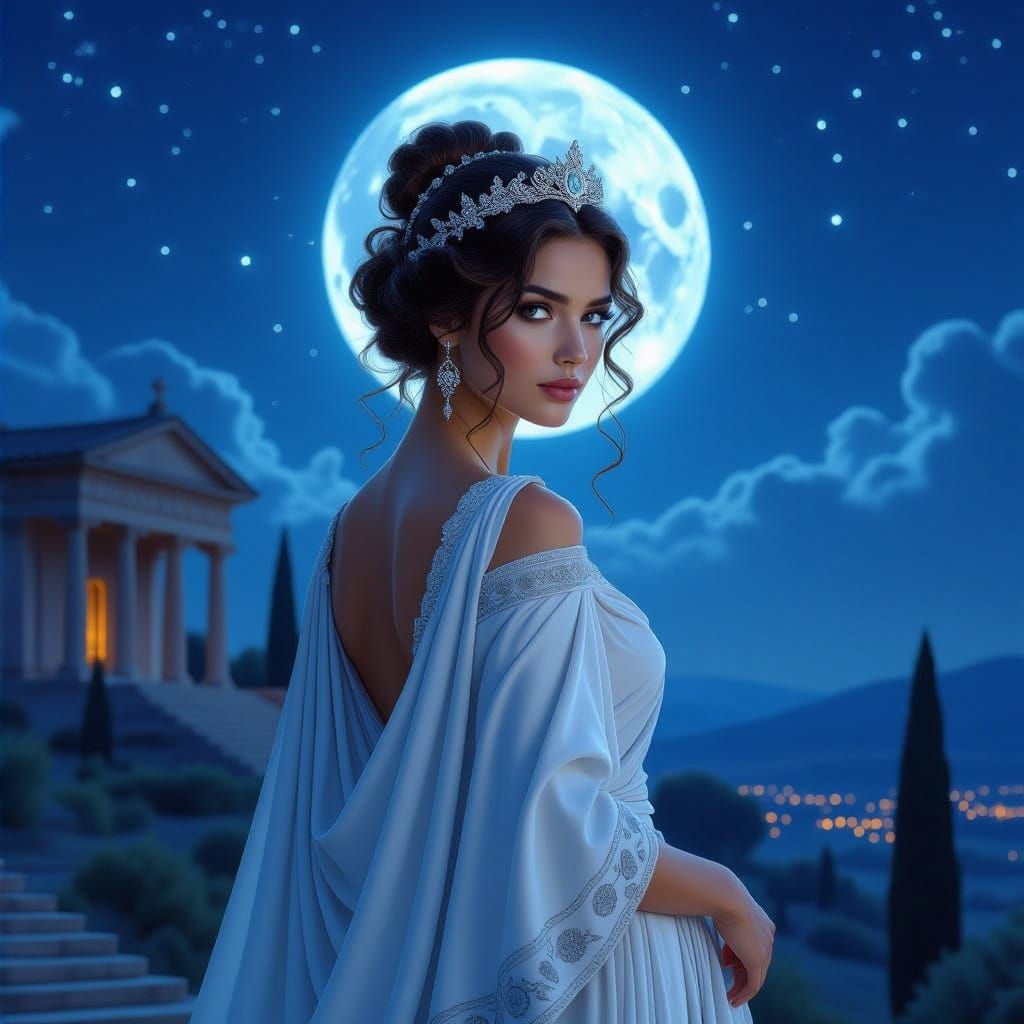 Etruscan Goddess Tiur Under the Lunar Moonlight