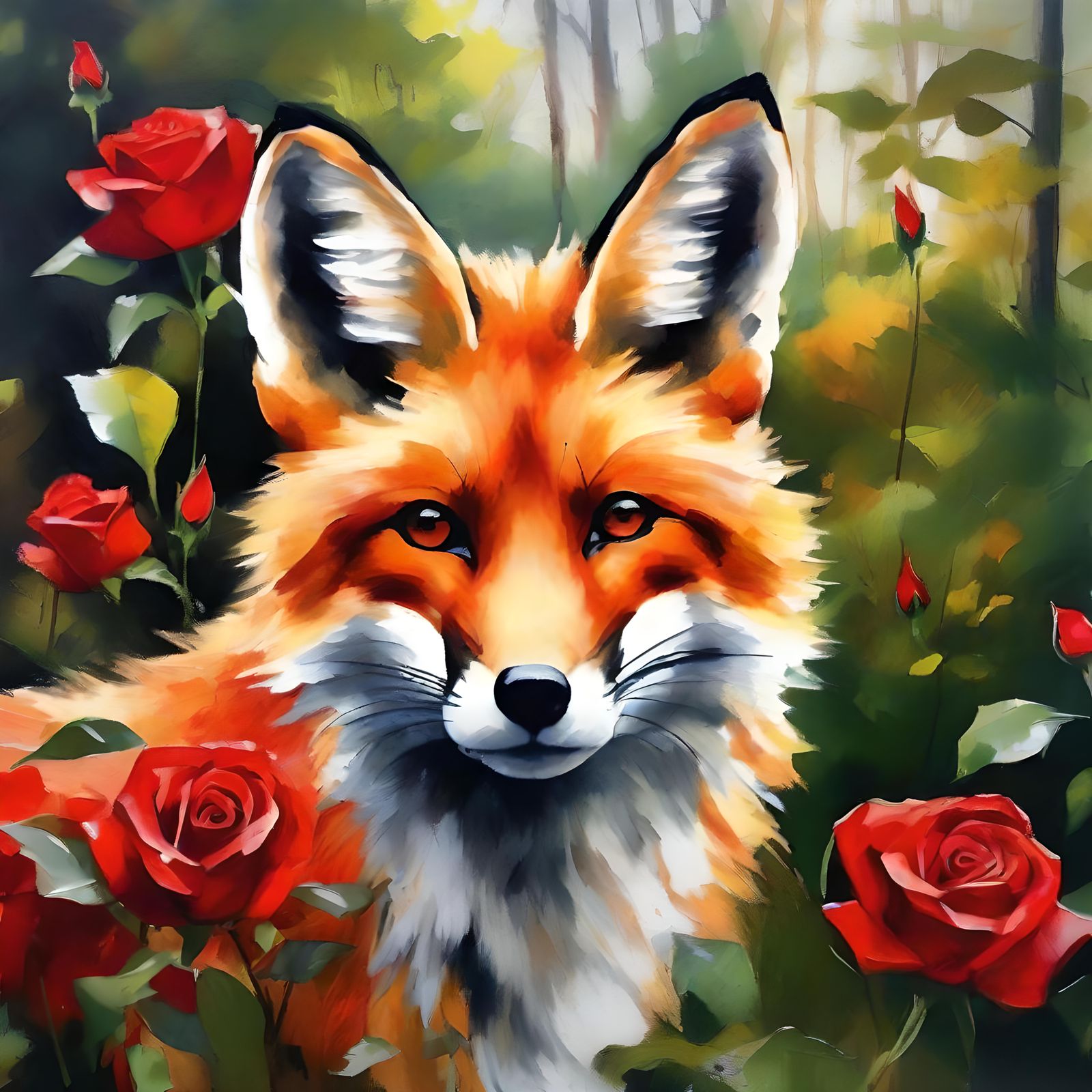 Fox in Roses: Gouache and Watercolor Oil Painting
