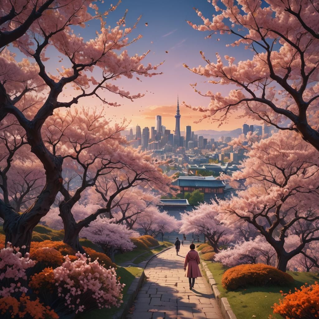 Cherry Blossom Park with Cityscape in Digital Painting Style