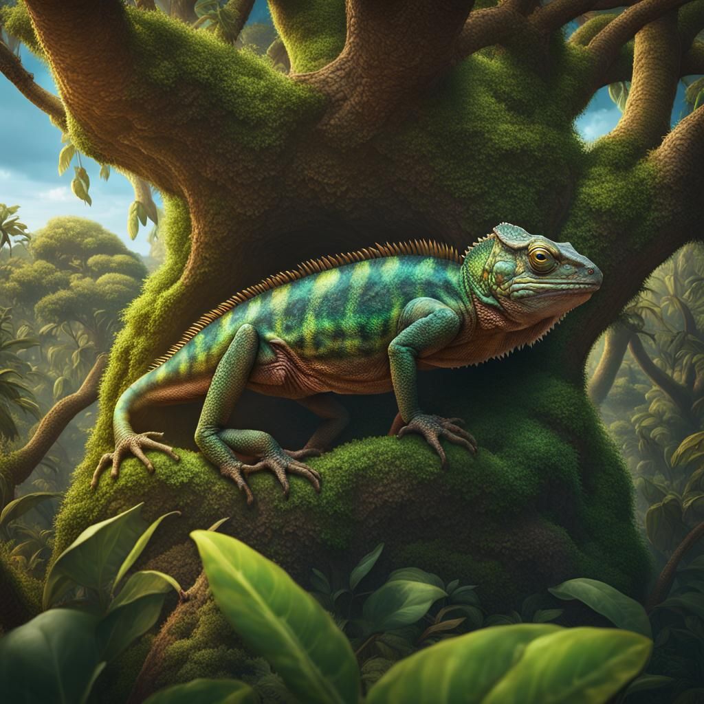 Giant Chameleon Crawling Through Galapagos Trees