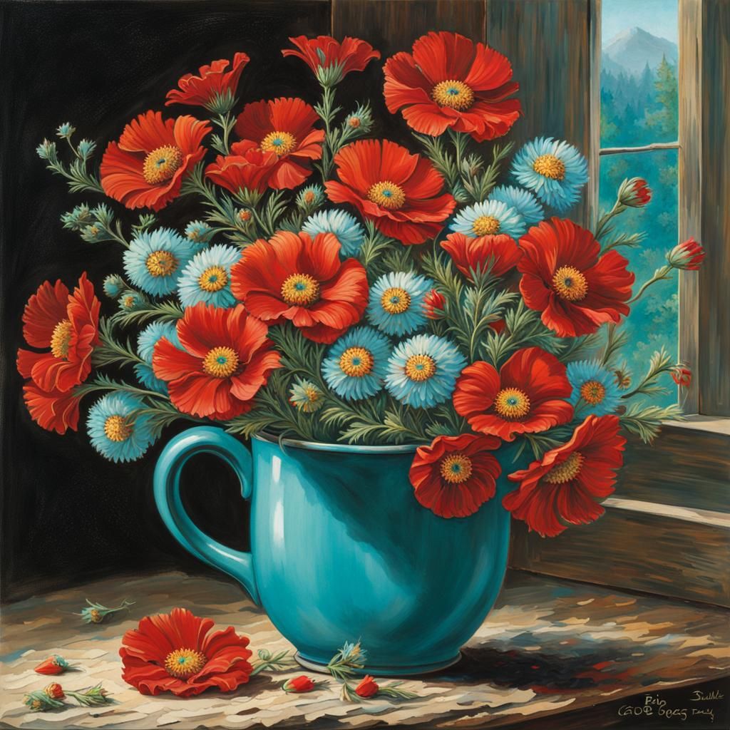 Red Carnations in Turquoise Cup: Bucolic Illustration